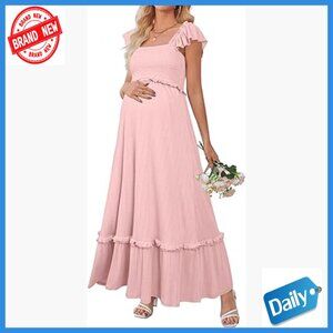 Maternity Maxi Dress with Smocked Waist, Ruffle Sleeves, Boho Style
